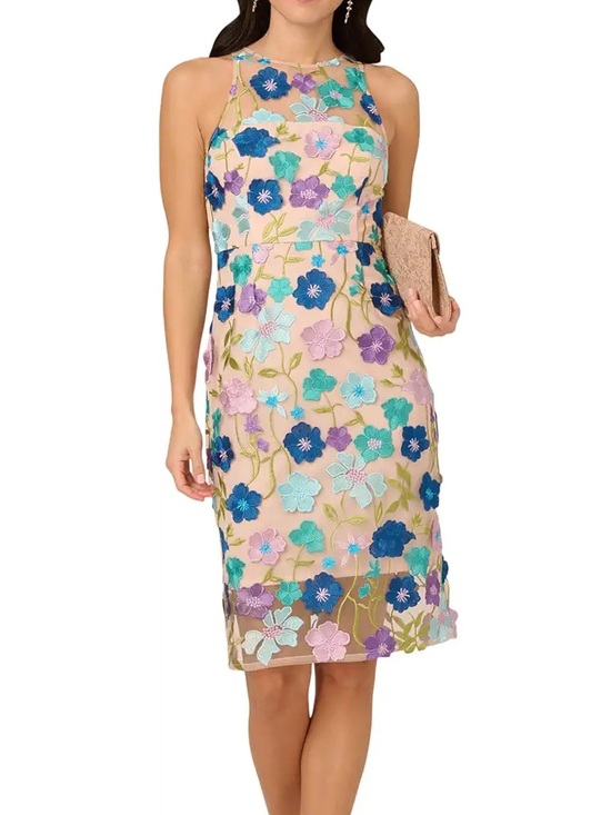 Adrianna Papell Dresses & Skirts - Adrianna Papell Floral Embroidered Applique Column Midi Dress Pink Size 4